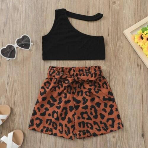 Little Girls Vest and Shorts Suit Fashion Solid Color One-shoulder Tops and Bowknot Leopard Shorts