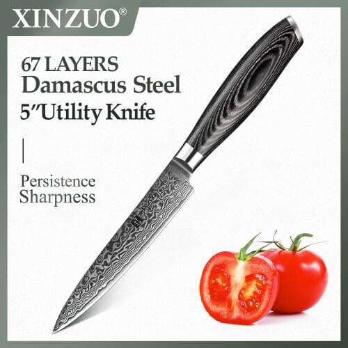 XINZUO 5" inch Utility Knife Japan Damascus VG10 Steel Kitchen Knives Professional Knife Cleaver Cooking Cutter Pakkawood Handle