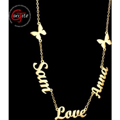 Goxijite Custom Multiple Names Necklace For Women Personalized Double Butterflies Stainless Steel Nameplate Necklace Lovely Gift