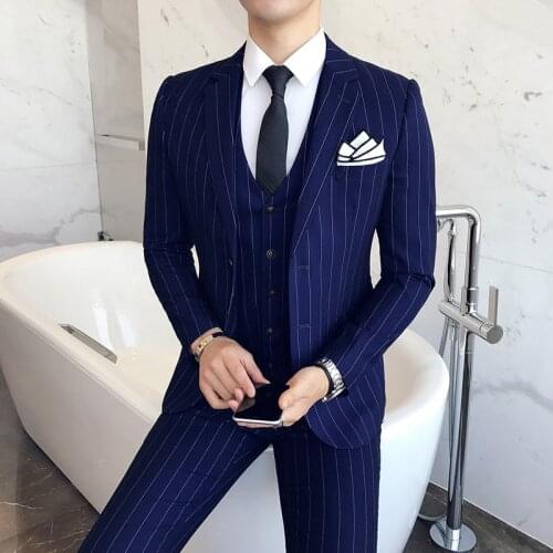 Jacket + Vest + Pants ) Luxury Fashion Mens stripe Casual Business Suit High-end Social Formal Suit 3 Pcs Set Groom Wedding