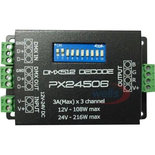PX24506 DMX 512 Decoder Driver 9A DMX 512 Amplifier 12V 24V led DMX512 controller for RGB LED strip Lights