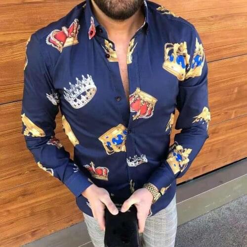 Luxurious Silk Printed Crown Shirt Men Mens Silk Satin Digital Shirts Male Slim Fit Long Sleeve Flower Print Casual Party Shirt