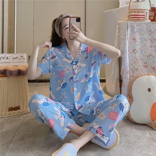 Sanrio hello kitty spring and autumn shirt short-sleeved trousers pajamas women summer home clothing sleepwear