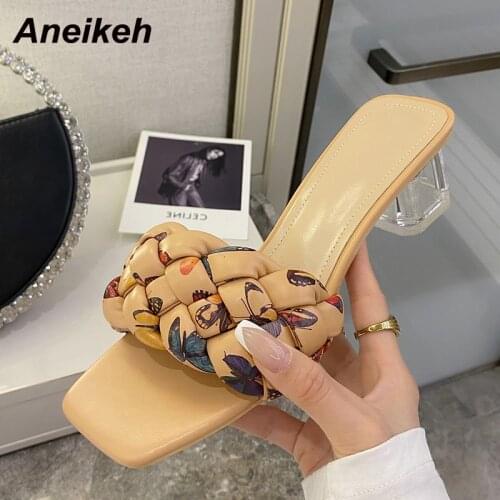 Aneikeh Sandals Women 2021Summer PU Peep Toe Slippers Square Heels Fashion Outside Novelty Shallow Mixed Colors Leisure Classics
