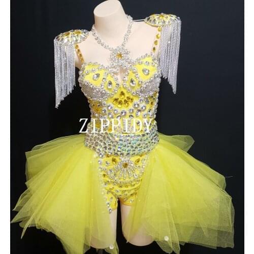 Sexy Fashion Design Neon Yellow Rhinestone Outfit Leotard Skirt Stage Show Shoulder Pads Dance Wear Chains Fringes Clothing Set