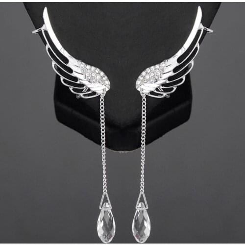 Hot Selling Fashion Crystal Rhinestone Wing Ear cuff Earrings Long Silver Color Angel Wing Earrings Ear Clip Earcuffs For Women