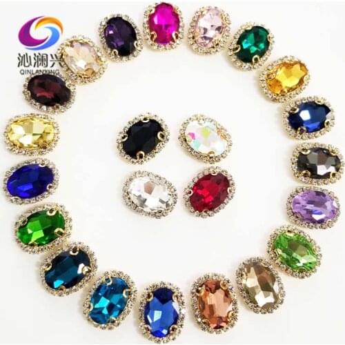 Mix color oval shape top quality Glass Crystal buckle,golden bottom sew on rhinestones with hole,Diy/Clothing/wedding decoration