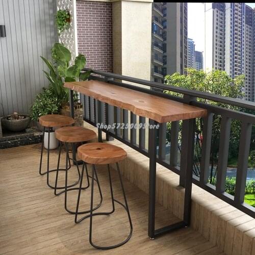 Solid Wood Bar Table Family Wall Long Log Narrow Table Balcony High Foot Table Milk Tea Shop Bar Table Chair Combination