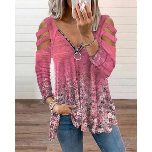 New Autumn Women Blouse Fashion Floral Zipper V Neck Shirts Long Sleeve Loose Shirt Female Off Shoulder Blouses Oversize Tops