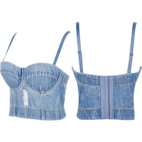 Women Destucted Denim Bustier Crop Top Spagehtti Strap Ripped Push Up Corset Camisole Vest Night Club Jeans Bralette