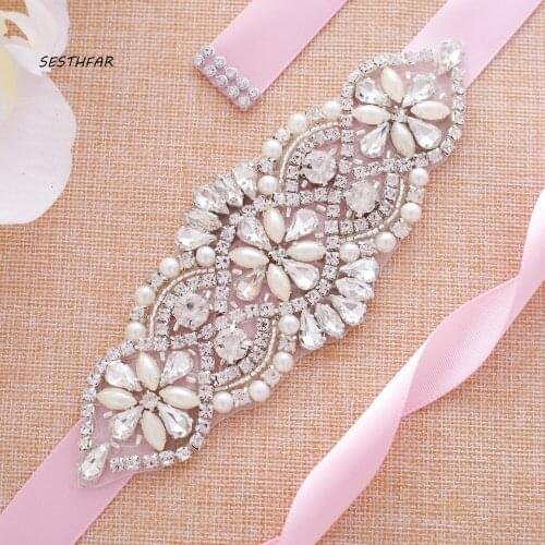 SESTHFAR Crystal Pearls Bridal Belt Hand Beaded Wedding Belts Silver Rhinestones Bridal Sash For Bridal Accessories