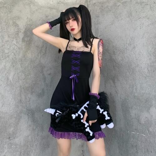 Black Dark Goth Contrast Color Mini Dress 2020 Lady Bandage Purple Lace Dressed Strap Cutout Sleeve Backless Vestidos Sleeveless