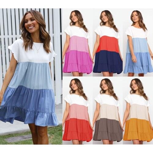 Dress Women Contrast Color Short Sleeve Patchwork Loose Style High Waist Big Size Beachwear Party Birthday Dresses C2410