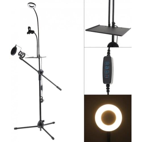 Live Broadcast Gooseneck Cell Phone Holder Bracket Tripod with Selfie Ring Light and Microphone Stands Pop Filter for Video