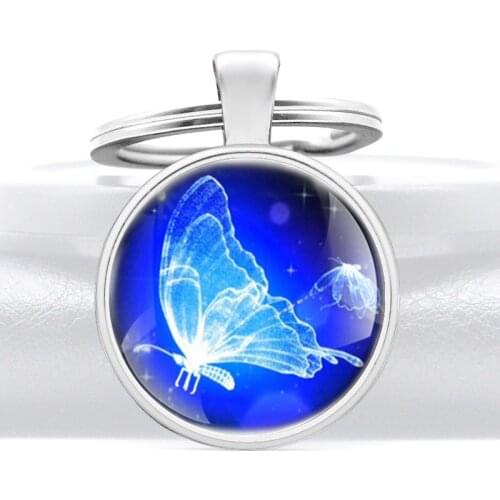 Fantasy Blue butterfly Glass Cabochon Key Chains Charm Women girl Key Rings Pendant Jewelry Gifts