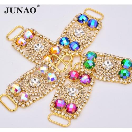 JUNAO 2pc 28*63mm Sewing Blue AB Glass Crystal Rhinestones Bikini Connector Gold Metal Claw Crystal Stones Dress Applique Crafts