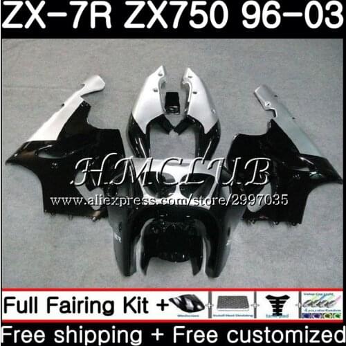 Body For KAWASAKI NINJA ZX-7R Black silver ZX750 ZX 7R 1996 1997 1998 1999 48HC.8 ZX-750 ZX 7 R ZX 750 ZX7R 96 97 98 99 Fairing