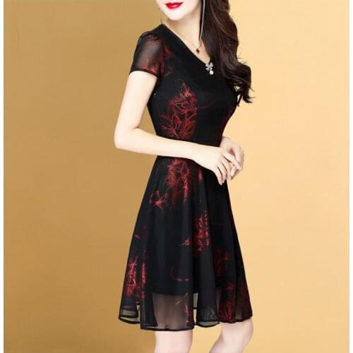 Summer New Elegant Women Fashion Temperament Short Sleeve Sexy High-End Floral Mesh Cocktail Dresses 9760