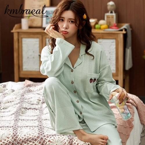 New Pajamas Set Women Long Sleeve Sleepwear Cotton Autumn Spring Grid Homewear Two Piece Set Solid Homewear Female Plus Size 3xl