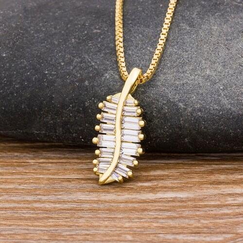 New Arrival Leaf Feather Gold Color Pendant Necklace Copper Zircon Long Chain Charm Party Wedding Birthday Statement Jewelry