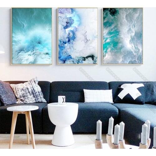 Nordic Abstract Canvas Painting Wall Poster and Print Blue and Green Mixture Colors Marble Wave for Home Rooms Wall Decoration