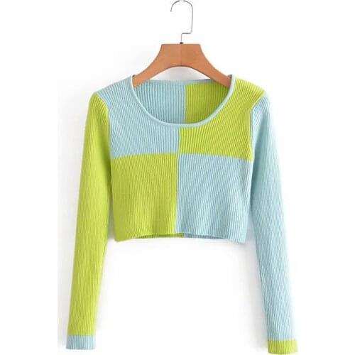Women Color Contrast Patchwork Knitwear New Casual O Neck Long Sleeve Slim Sweater Basic All Match Sexy Pullover Crop Top Autumn