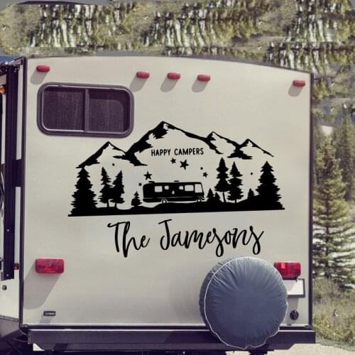Custom Name Camping Rv Mountain Travel Wall Sticker Personalized Name Happy Campers Motorhome Wall Decal Vinyl Decor