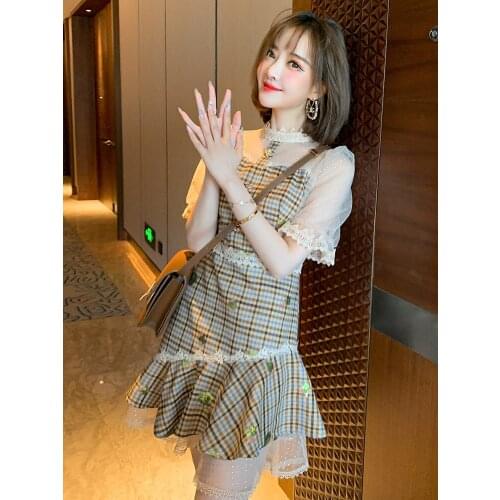 Vintage plaid sequined flower white gauze splicing sleeve lotus leaf place new summer dresses