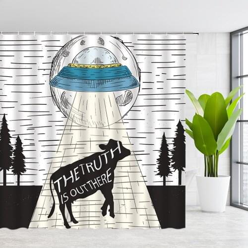 Funny Animal Shower Curtains UFO Kidnapped Cow Farm Animals Black and White Hand Painted Pattern Bathroom Polyester Curtain Sets