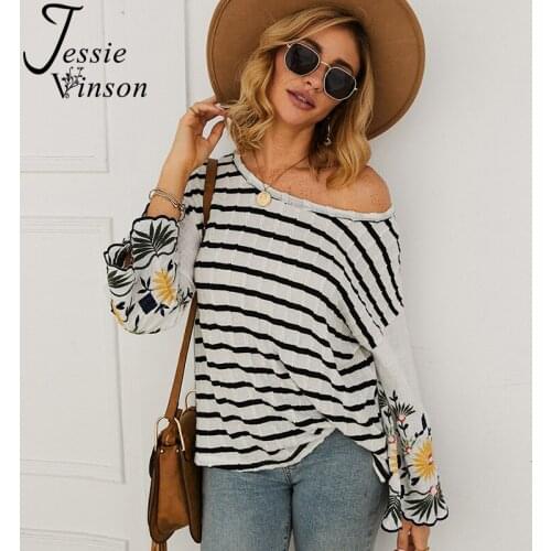 Jessie Vinson Long Sleeve Embroidery Big O-neck Stripes T-shirt Women Casual Loose Flare Sleeve Tee Spring Autumn Female Tops