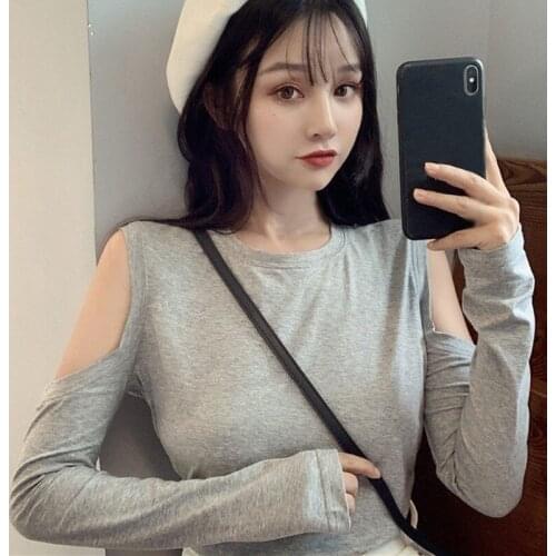 Womens Autumn T-Shirt Long-Sleeved Korean Style Strapless Slim Fit All-Match Slimming Bottoming Shirt Solid Color Top