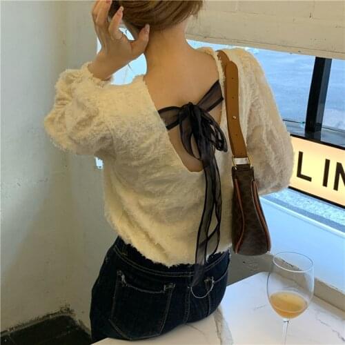 2021 New Women Spring Backless Bow Tie Beige Feather Blouse Vintage Full Sleeve Shirt Pullover Tops
