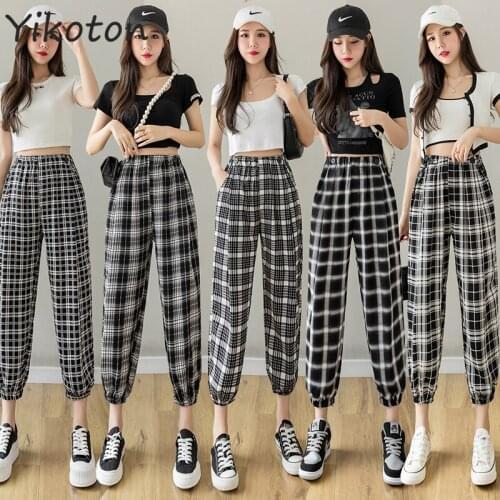 Korean Fashion 2021 Summer Autumn Harajuku Plaid Pants For Women Trousers Buttons Streetwear Long Harem Pants Drawstring Joggers