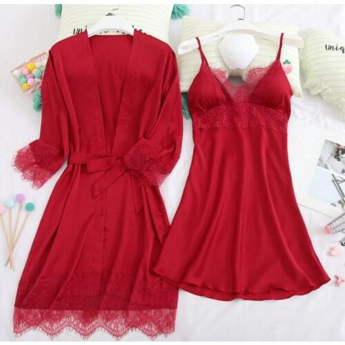 V-Neck Lace Robe Gown Sets Womens 2PCS Nighty Bathrobe Nightdress Sleep Suit Sexy Summer Satin Kimono Sleepwear Home Nightgown