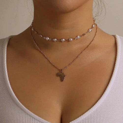Double Layer Fashion Afric Map Necklace Pendant Women Creative Personality Geometric Round Pearl Short Choker Necklace Jewelry