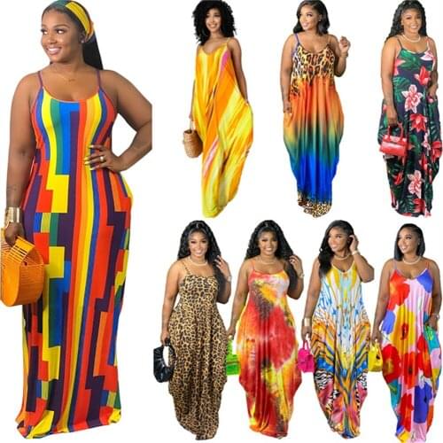 RStylish Plus Size 2021 Summer Tie Dye Elegant Women Spaghetti Strap Oversized Sleeveless Long Maxi Dress