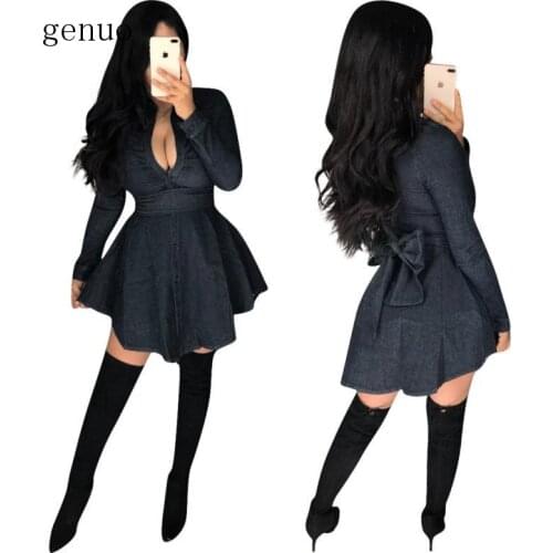 Winter Dress Women Bow V-Neck Solid Denim Empire Party Fashion Long Sleeve Straight Dignified Popular Short Dress