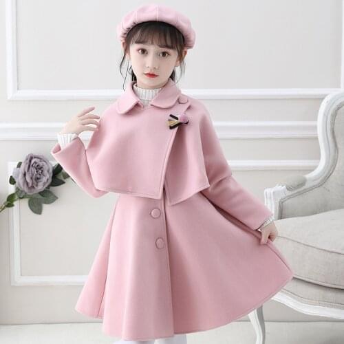 3 4-14 Years Children Winter Clothing Woollen Girls Tracksuits Red Coat Cape Dress 2 PCS Sets for Christmas Party Kids dresses