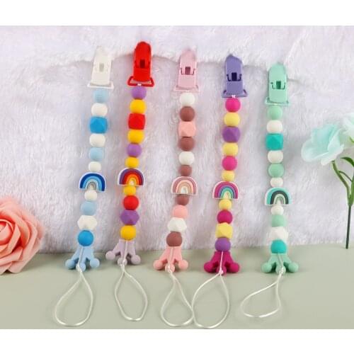 Kovict 2Pcs Baby Pacifier Chain Clip Teether Food Grade Silicone Chewing Molar Beads with Rainbow Crown Beads BPA-Free
