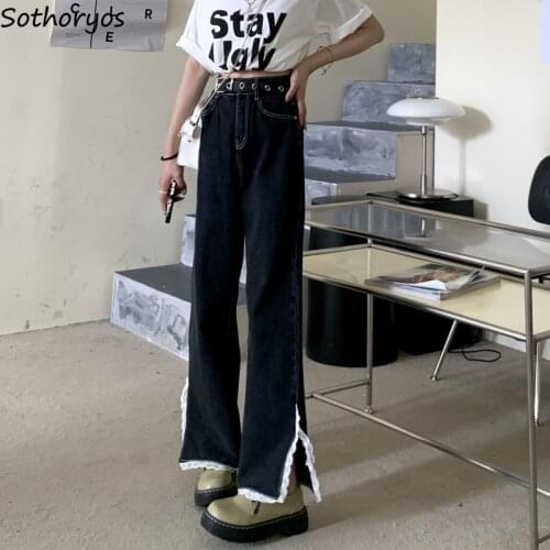 Lace Split Black Jeans Women Patchwork Mopping Ins Fashion Summer High Waist Denim Trousers Harajuku Retro Street Chic Hot Sale
