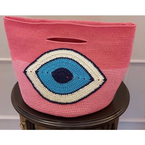 Hand-knitted design evil eye eye detailed Fashion woven Pink bag summer travel beach bags for women casual female large capacity