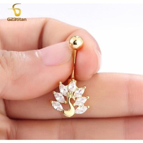 G23Titan Peacock Pendant Crystal Belly Button Ring Surgical Steel Belly Pierce Summer Beach Body Piercing Woman Jewelry
