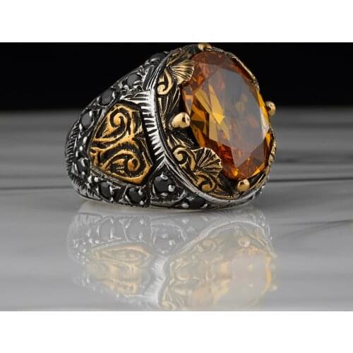 Gold Plated Men Ring 925 Sterling Silver Ring Citrine Gemstone Men Rings Male Jewelry Rings For Men Women `s Rings Men Jewelry