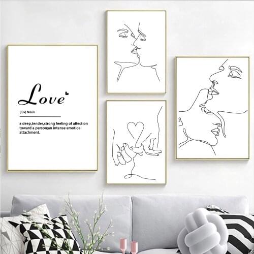 Couple Kiss Line Wall Art Posters Black And White Quote Canvas Painting Love Hand In Hand Art Print Modern Picture Bedroom Decor