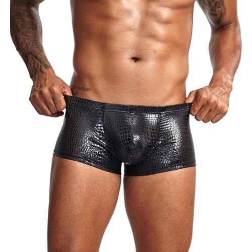 Richkeda Store New 2021 Sexy Boxer Mens Snake Skin Leather Underwear Men Shorts Men U Convex Low Waist Male Underpants Ropa