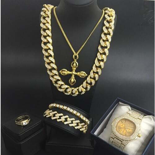 Luxury Man Watch & Necklace & Bracelet & Ring Combo Watch Set Hip Hop Crystal Miami Necklace Ice Out Cuban Chain Jewerly For Men