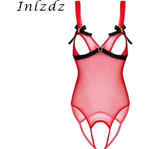 Christmas Lingerie for Women Sexy See Through Mesh Deep V Neck Shoulder Straps Sleeveless Open Cup High Leg Cut Leotard Jumpsuit