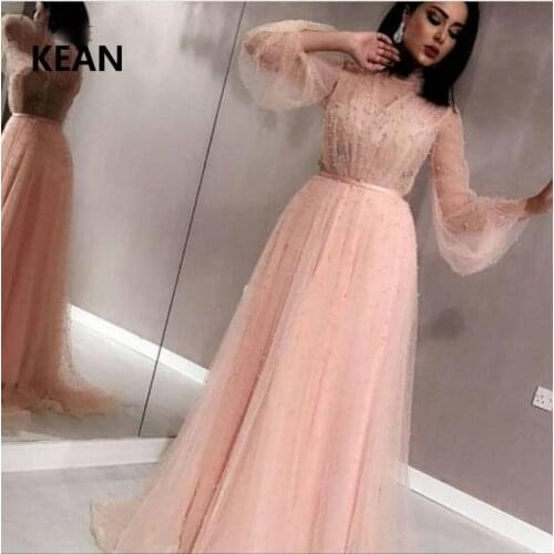 Custom Made Pink Evening Dress Full Sleeve Beaded Islamic Dubai Kaftan Saudi Arabic Evening Gown Prom Dress vestidos