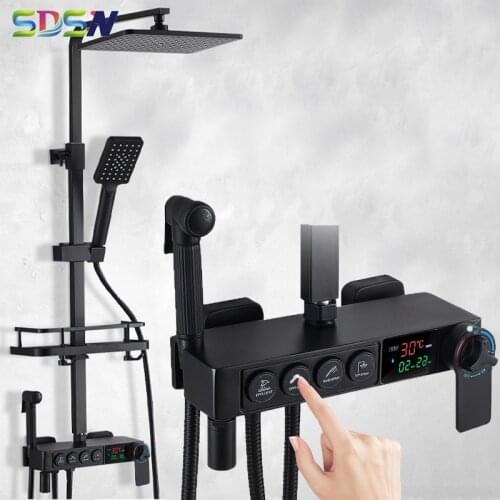 SDSN Thermostatic Shower Set Matte Black Bathroom Shower Faucets 12 Inch Square Shower Head Black Bronze Digital Shower Set