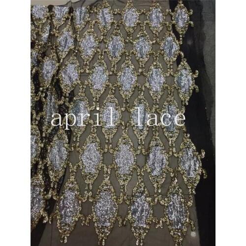 Stock ys03 # 5yards black mesh beads pearls sequin best quality paillette mesh lace fabric for bridal wedding dress